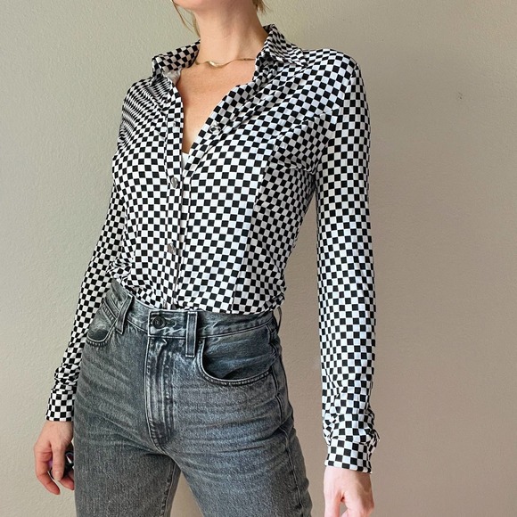 Carmen Marc Valvo Tops - Y2K Carmen Marc Valvo Black White Checkered Button Up Top
